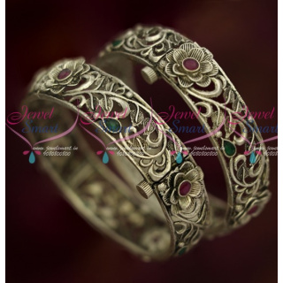 B14674 Oxidised Silver Finish Screw Floral Design Broad Bangles Latest Fashion Jewellery Online