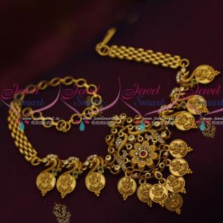 V14649 Temple Coin Matte Gold Finish Chain Vanki BajuBand Latest Bridal Jewellery Designs online
