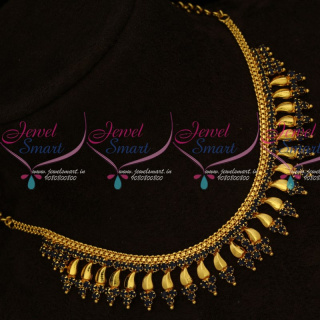 NL15695 Sapphire Blue AD Stones Kerala Style Fancy Gold Covering Short Necklace 