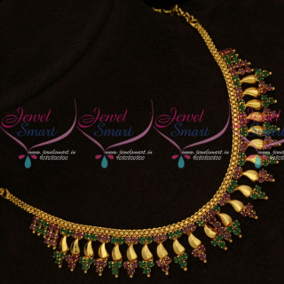 NL15696 Ruby Emerald AD Stones Kerala Style Fancy Gold Covering Short Necklace 