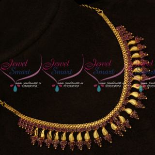 NL15697 Ruby AD Stones Kerala Style Fancy Gold Covering Short Necklace 