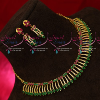 NL18609 Kerala Style Sparkling AD Stones Latest Gold Plated Fancy Design Jewellery Set Online 