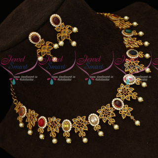 NL19072 Gold Design Antique Matte Navratna Color Necklace Set Latest Traditional Jewellery