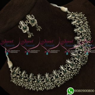 NL19521 Lord Ganapathy Temple Jewellery Silver Oxidised Plating Green Stones Antique Collections