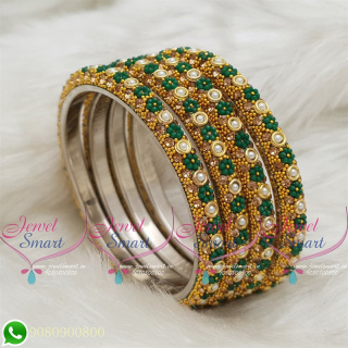 Lac Bangles Indian Jewellery Green Colour 4 Pieces Set Matching B18671