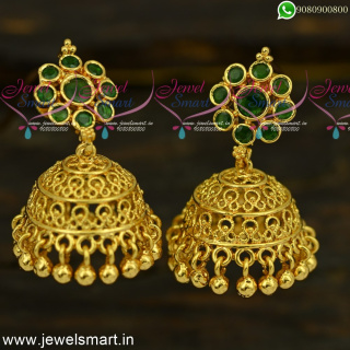 Unique Emerald Green Stone Light Weight Jhumka Earrings Gold Plated J24916