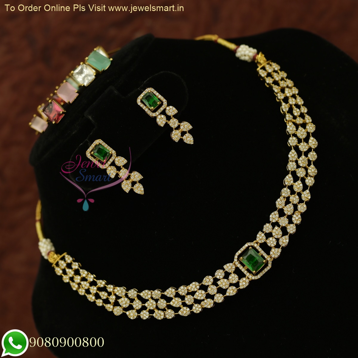Dull Gold CZ Necklace Set with 5 Color Changeable Stones