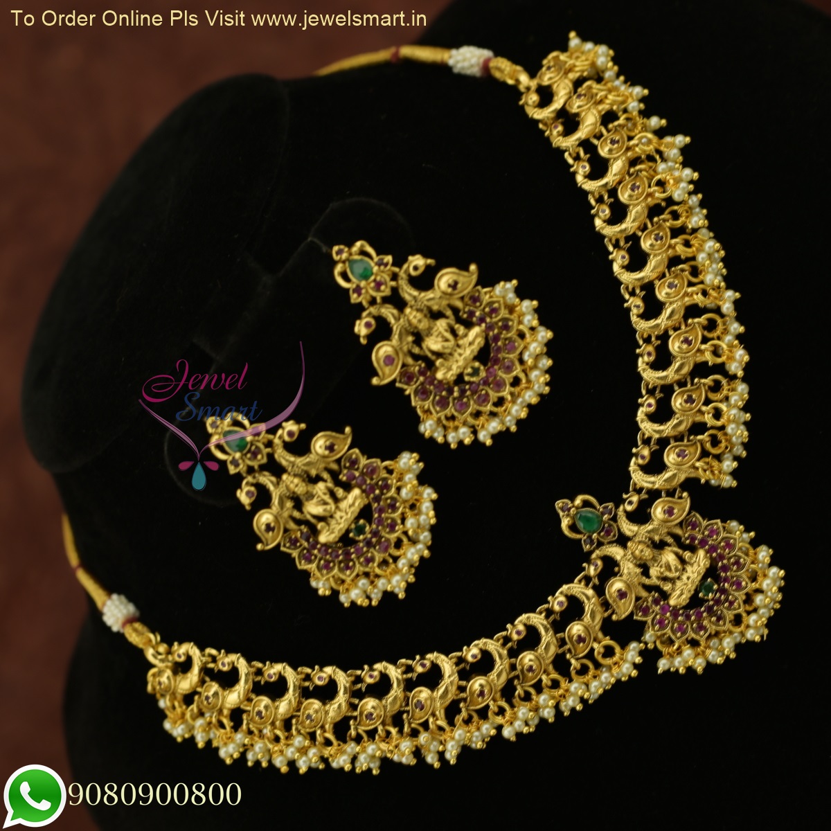 Buy Gold Plated Kundan Necklace Set With White Beaded Threading and Purple  Stones And Matching Earrings Online